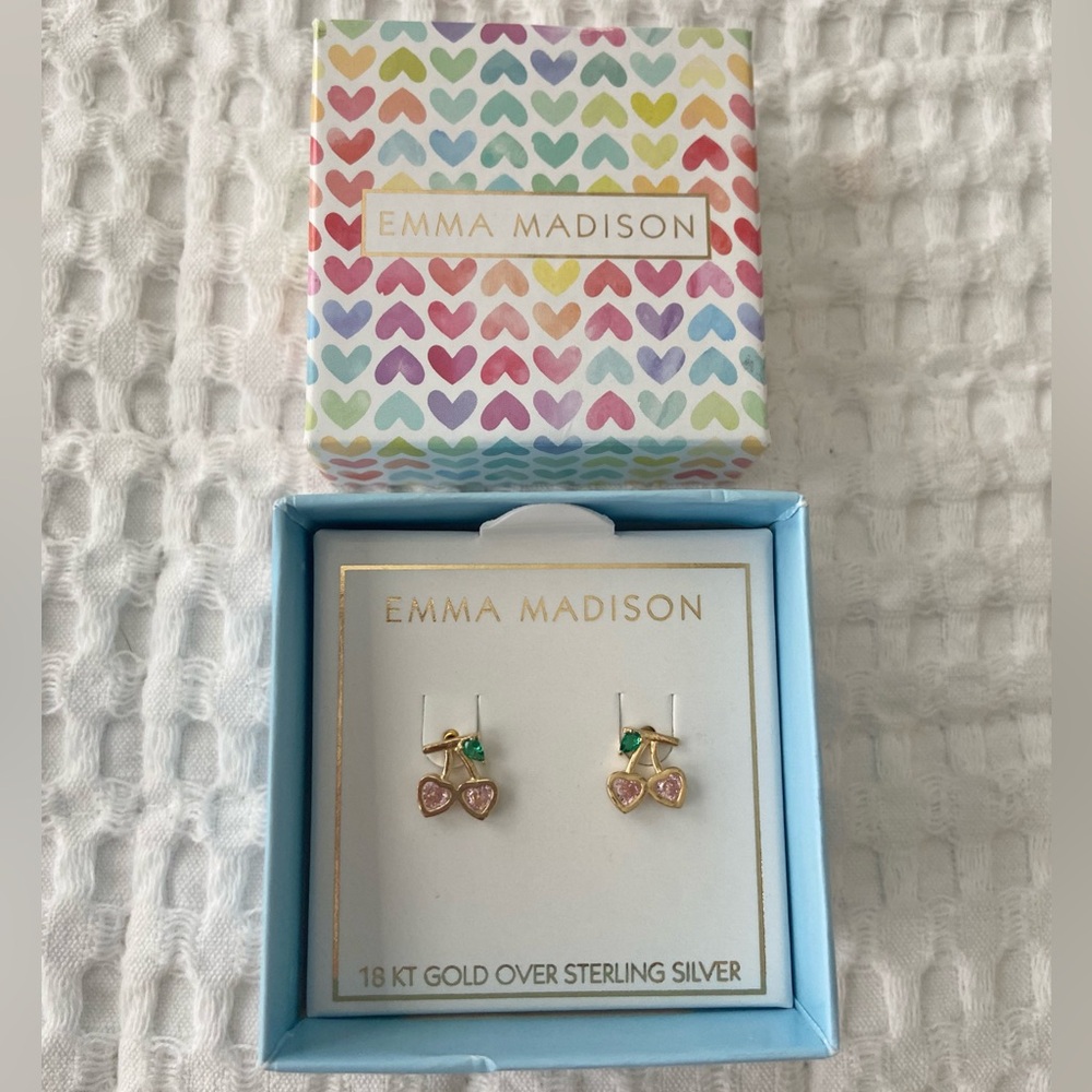 Emma Madison Cherry Heart earrings 18kt gold over sterling silver NIB